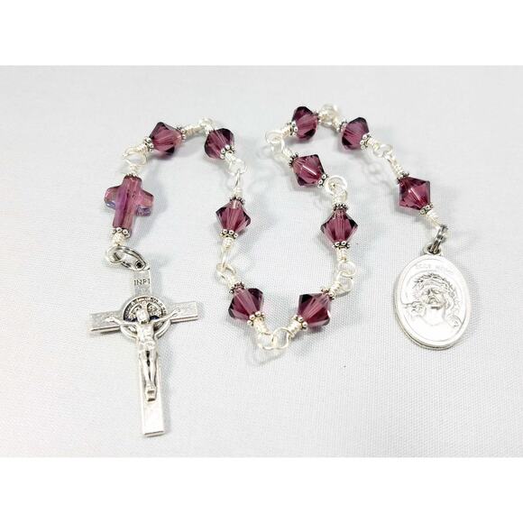 Ecce Homo One Decade Rosary Purple Swarovski Cross St. Benedict Crucifix - Picture 1 of 10